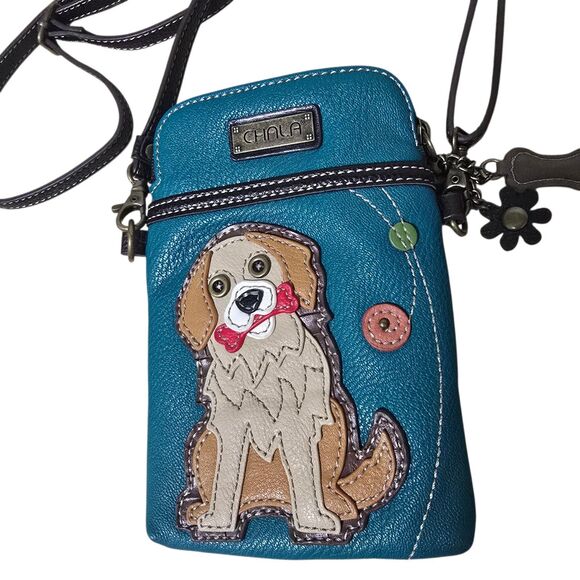 CHALA GOLDEN RETRIEVER DOG CELL PHONE CROSSBODY PURSE TURQUOISE BLUE - Picture 2 of 10